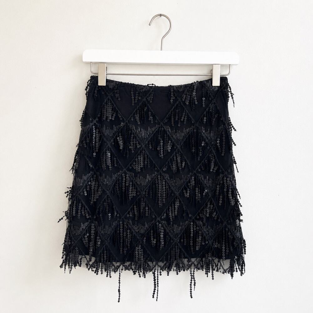 Showpo Khrizza Sequin Diamond Mesh Mini Skirt Black Fringe Size 4 NWT